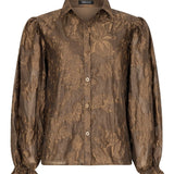 Koffiebruine jacquard blouse met pofmouwen Ydence Donna – voorkant | Jo&Co Club