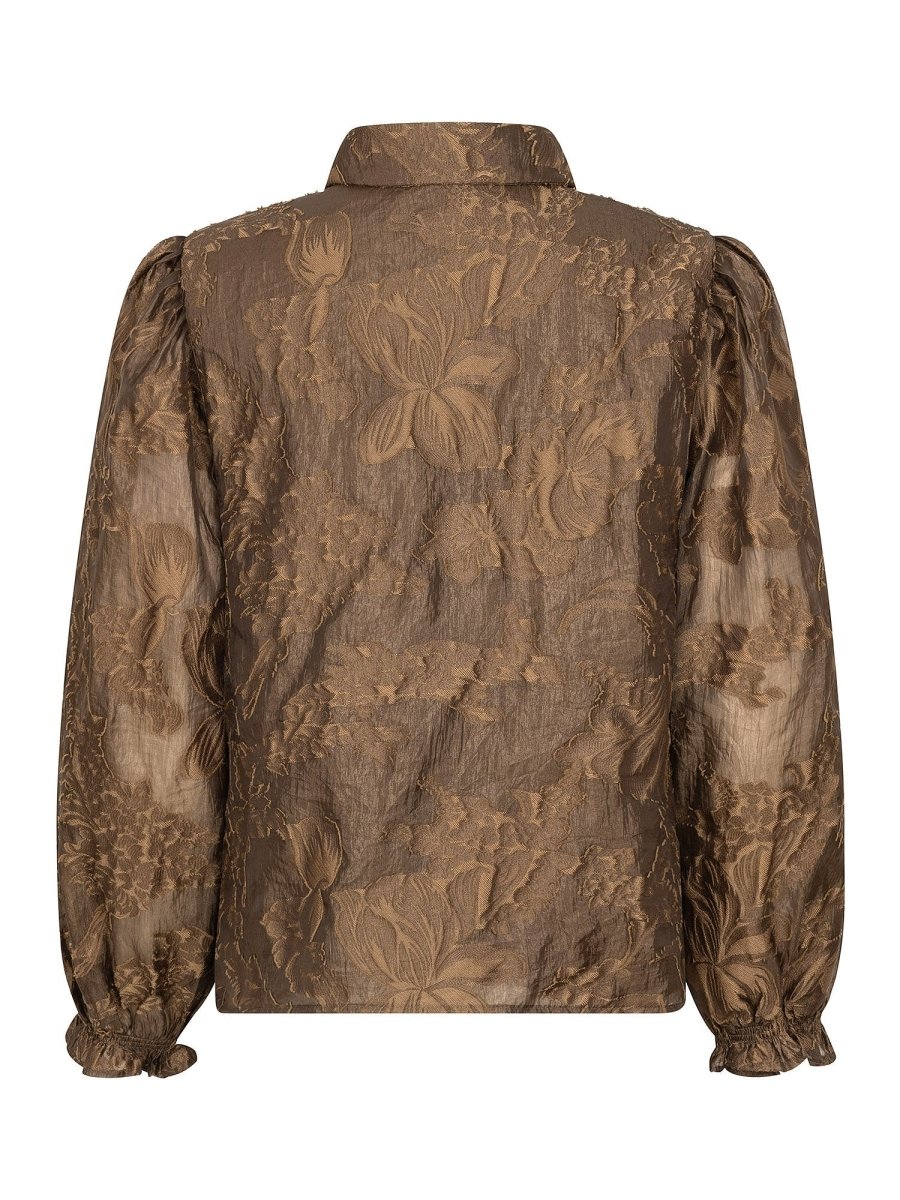 Koffiebruine jacquard blouse met pofmouwen Ydence Donna – achterkant | Jo&Co Club