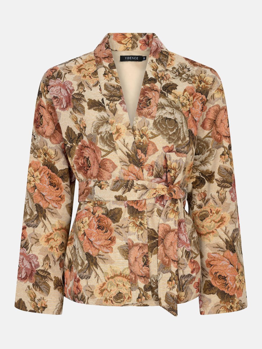 Productfot van de voorkant van de Ydence kimono penny met strikceintuur en bloemenprint.
