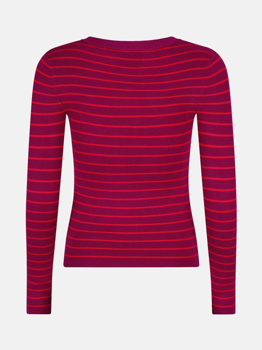 Productfoto van de achterkant van de knitted devina top van ydence, fuchsia en rood gestreept.