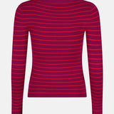 Productfoto van de achterkant van de knitted devina top van ydence, fuchsia en rood gestreept.