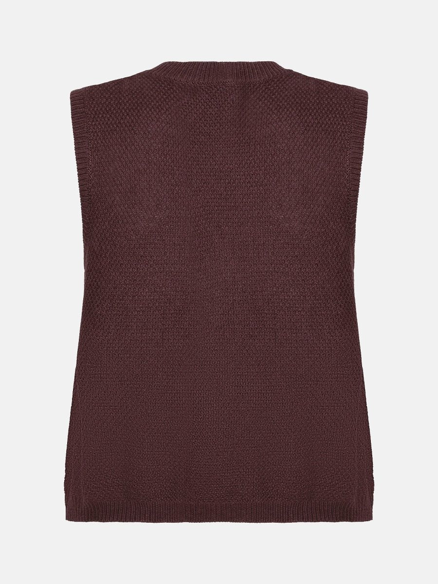 Vrijstaande productfoto van de achterkant van een mouwloos gilet in een donkere kastanjebruine | Ydence Mona | Jo&Co Club