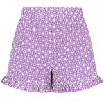 Voorzijde Larissa short van Ydence in lila met broderie bloemenprint en ruches.