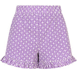 Voorzijde Larissa short van Ydence in lila met broderie bloemenprint en ruches.