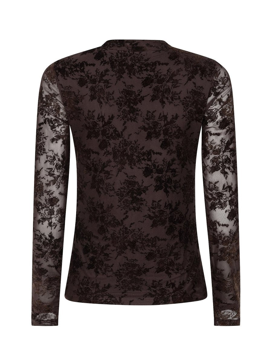 Bruine mesh top met fluwelen bloemen Ydence Brandy – achterkant | Jo&Co Club