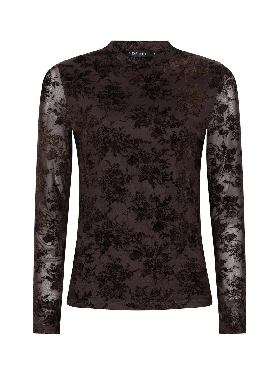 Bruine mesh top met fluwelen bloemen Ydence Brandy – voorkant | Jo&Co Club