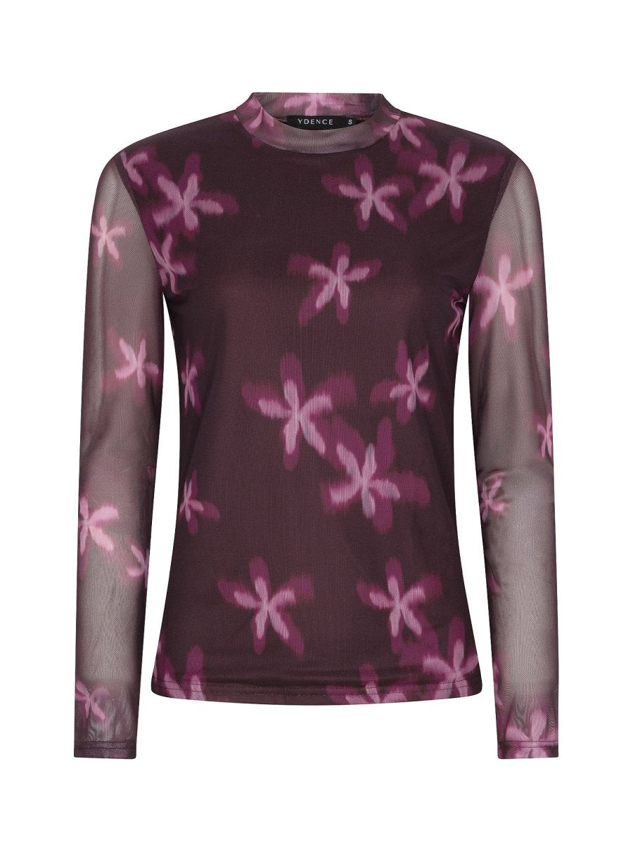 Pruimpaarse mesh top met roze bloemen Ydence Willemijn – voorkant | Jo&Co Club