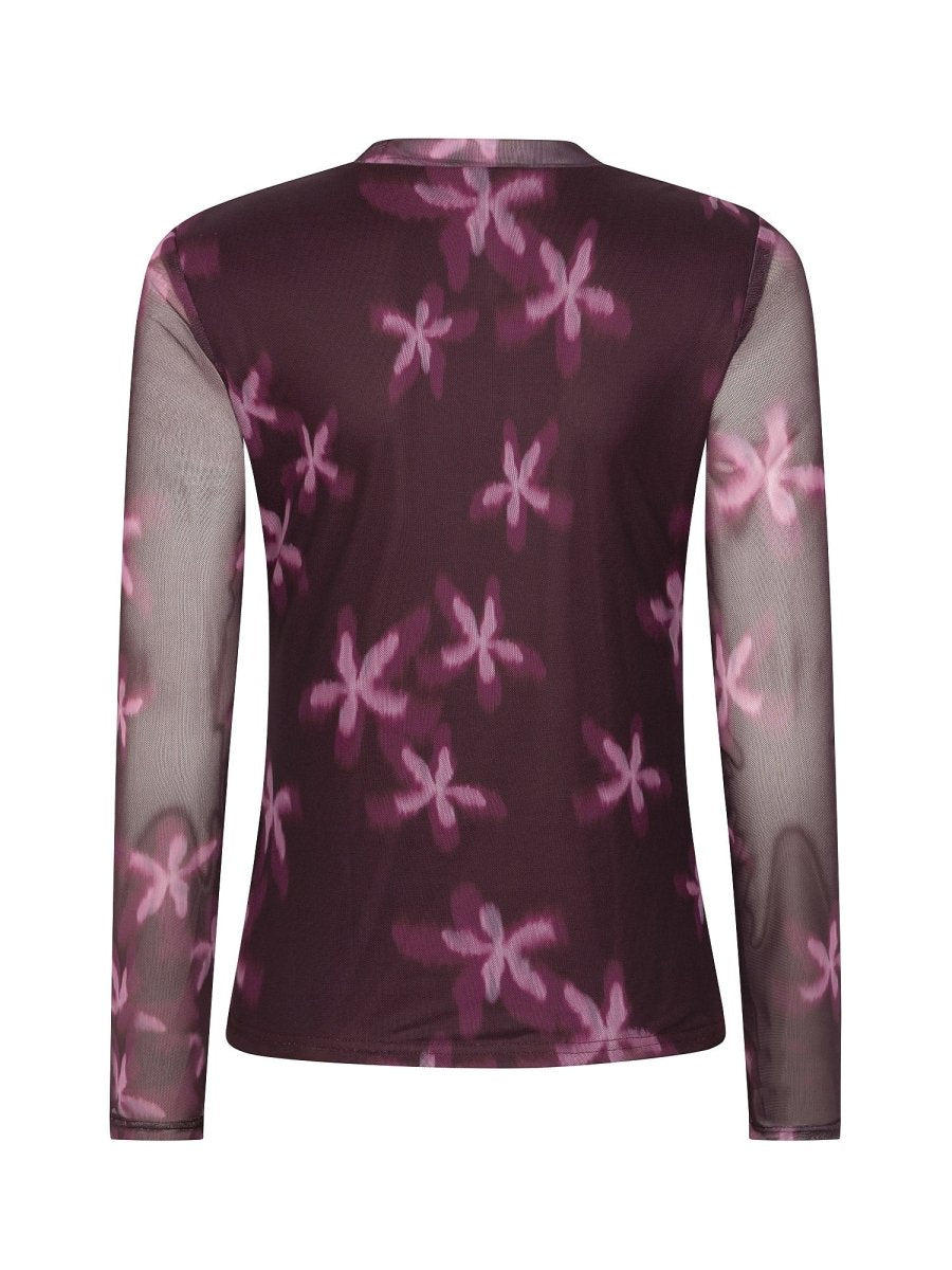 Pruimpaarse mesh top met roze bloemen Ydence Willemijn – achterkant | Jo&Co Club
