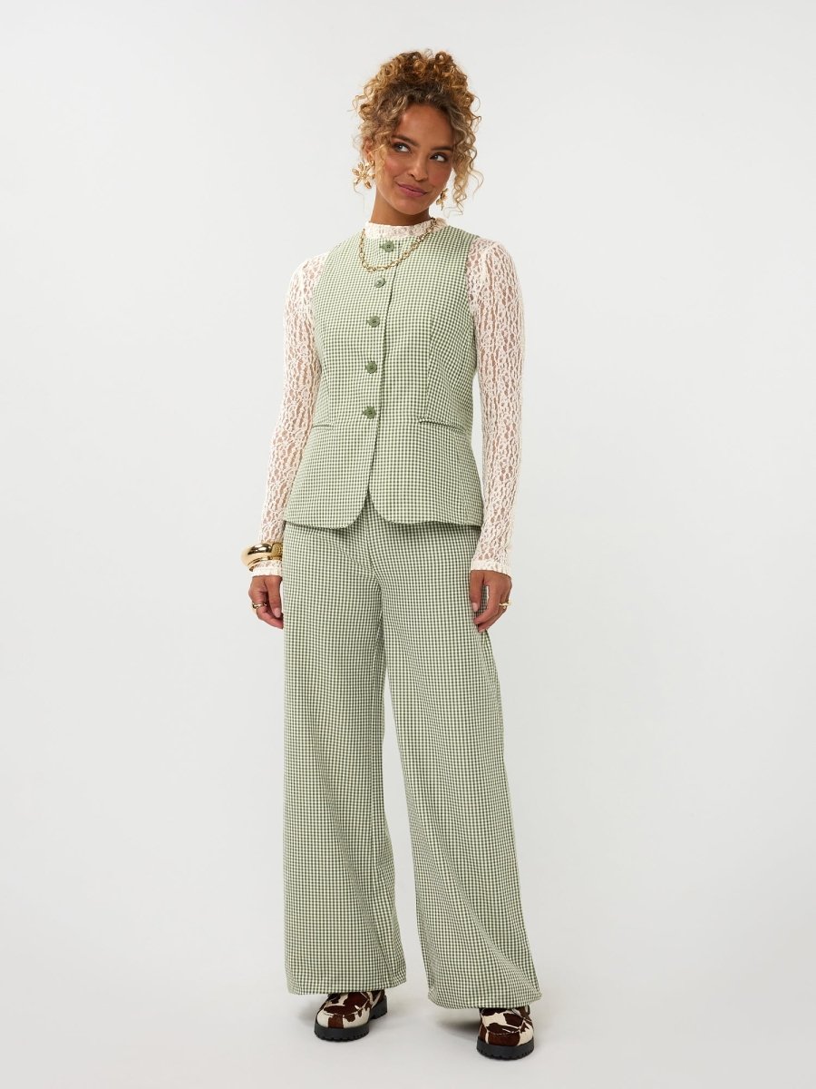 Ydence Pants Celeste | Groen Geruit in Zacht saliegroen en wit (gilet en pantalon), wijde pijpen