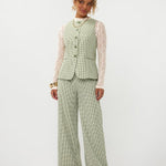 Ydence Pants Celeste | Groen Geruit in Zacht saliegroen en wit (gilet en pantalon), wijde pijpen