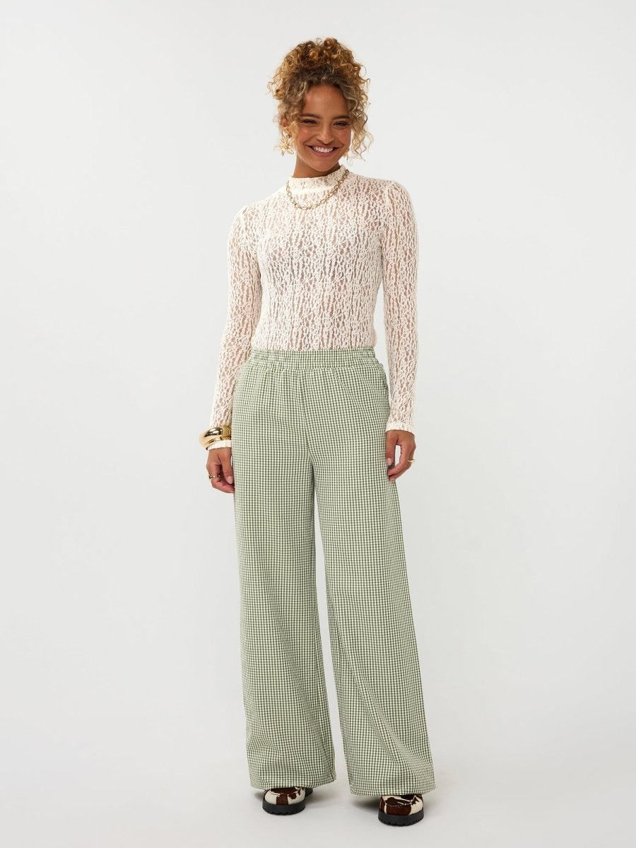 Ydence Pants Celeste | Groen Geruit in gebroken wit (ecru); Broek: saliegroen en wit, wide leg