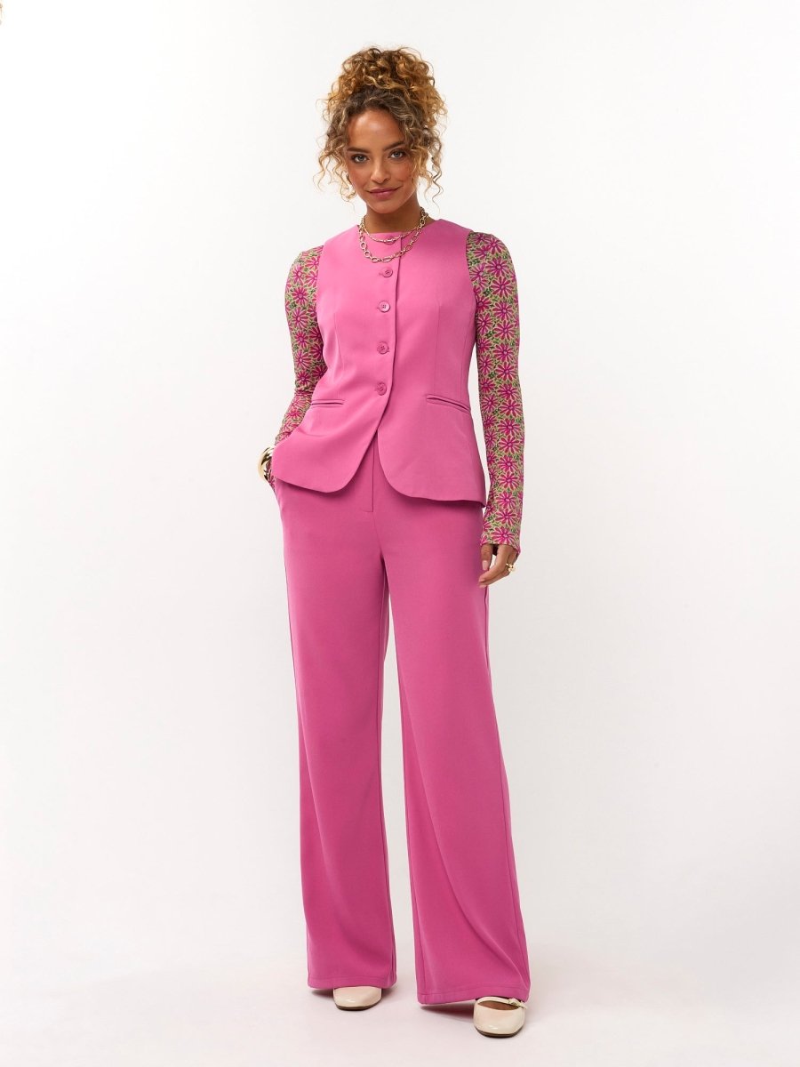 Ydence Pants Solange | Roze in Felroze (gilet en pantalon); Lichtgroene, wijde pijpen