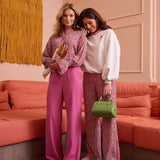 Ydence Pants Solange | Roze in Fuchsiaroze basis, bedrukt, Losvallend, ontspannen pasvorm