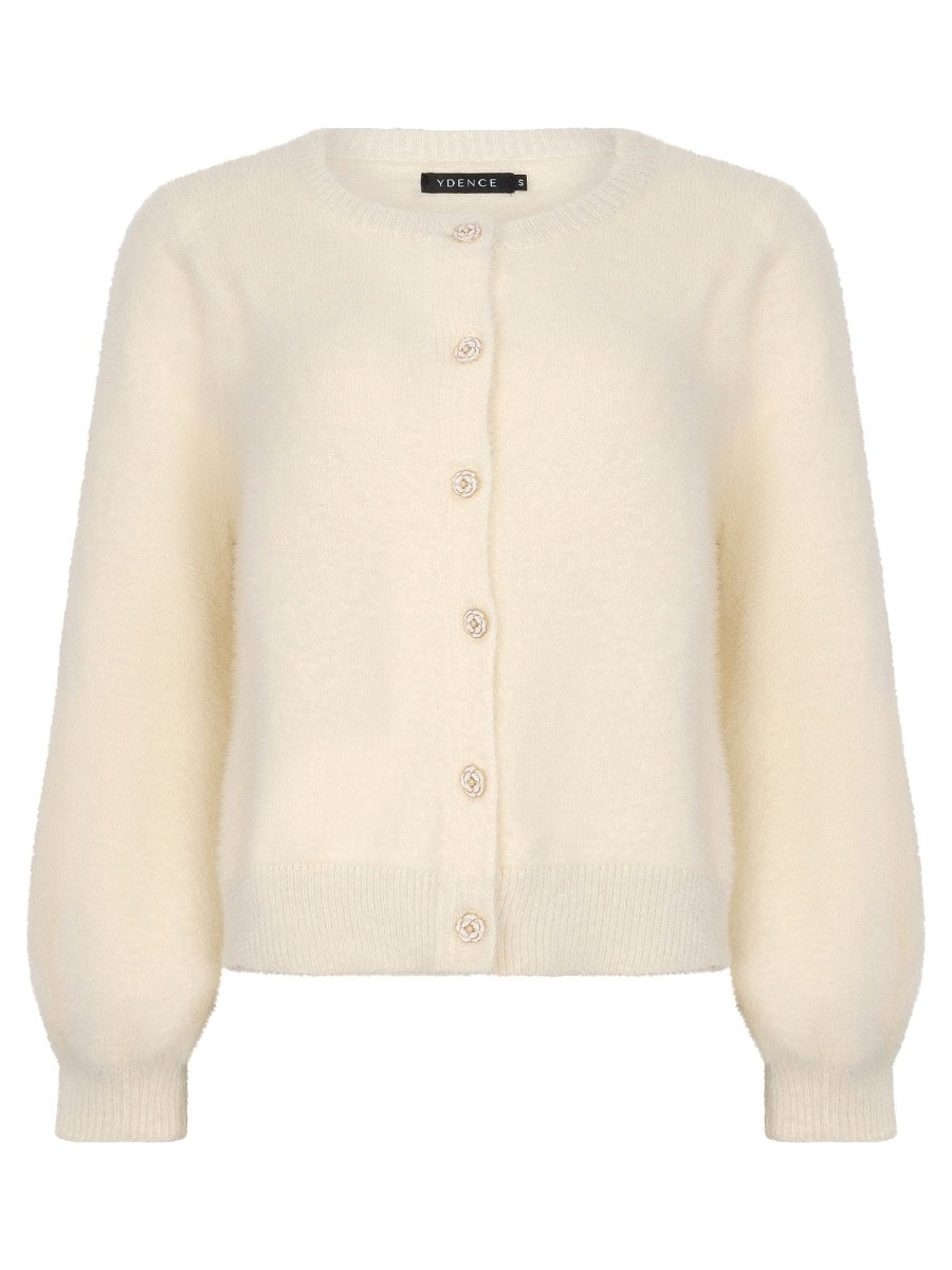 Wit pluizig vest met roosjesknopen Ydence Maaike – voorkant | Jo&Co Club