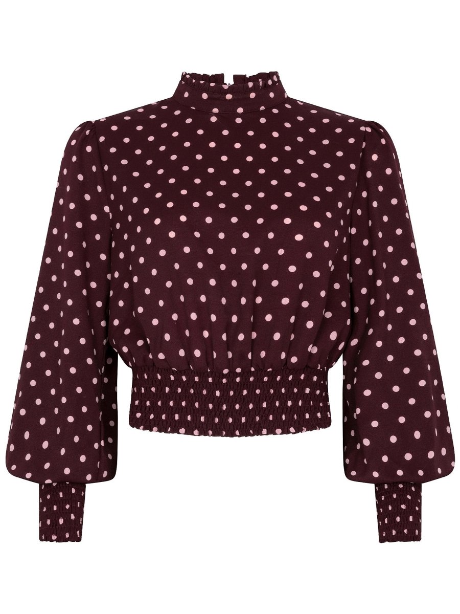 Pruimpaarse smock top met roze stippen Ydence Tessa – voorkant | Jo&Co Club
