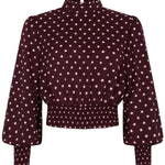 Pruimpaarse smock top met roze stippen Ydence Tessa – voorkant | Jo&Co Club