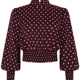 Pruimpaarse smock top met roze stippen Ydence Tessa – voorkant | Jo&Co Club