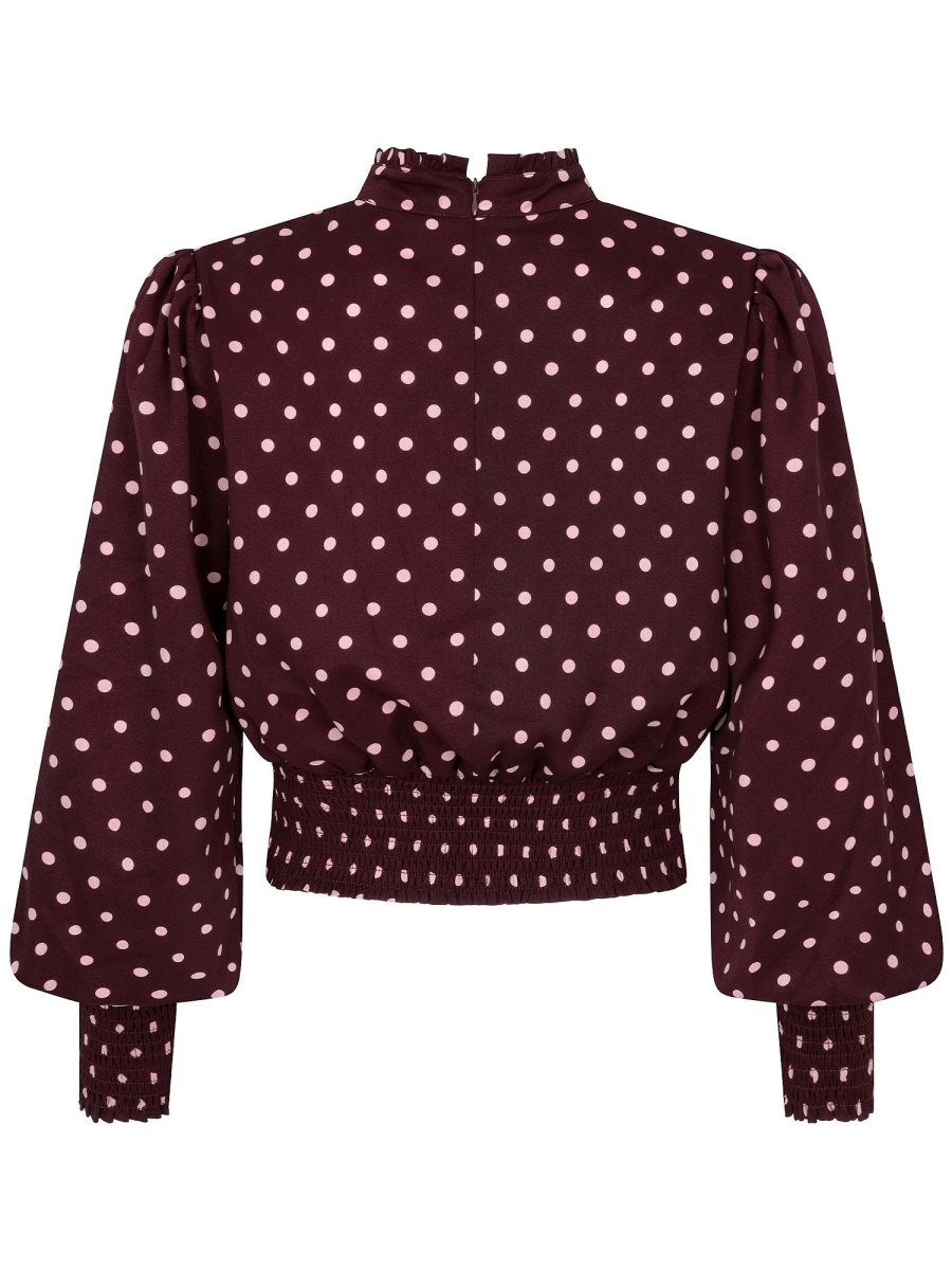 Pruimpaarse smock top met roze stippen Ydence Tessa – achterkant | Jo&Co Club