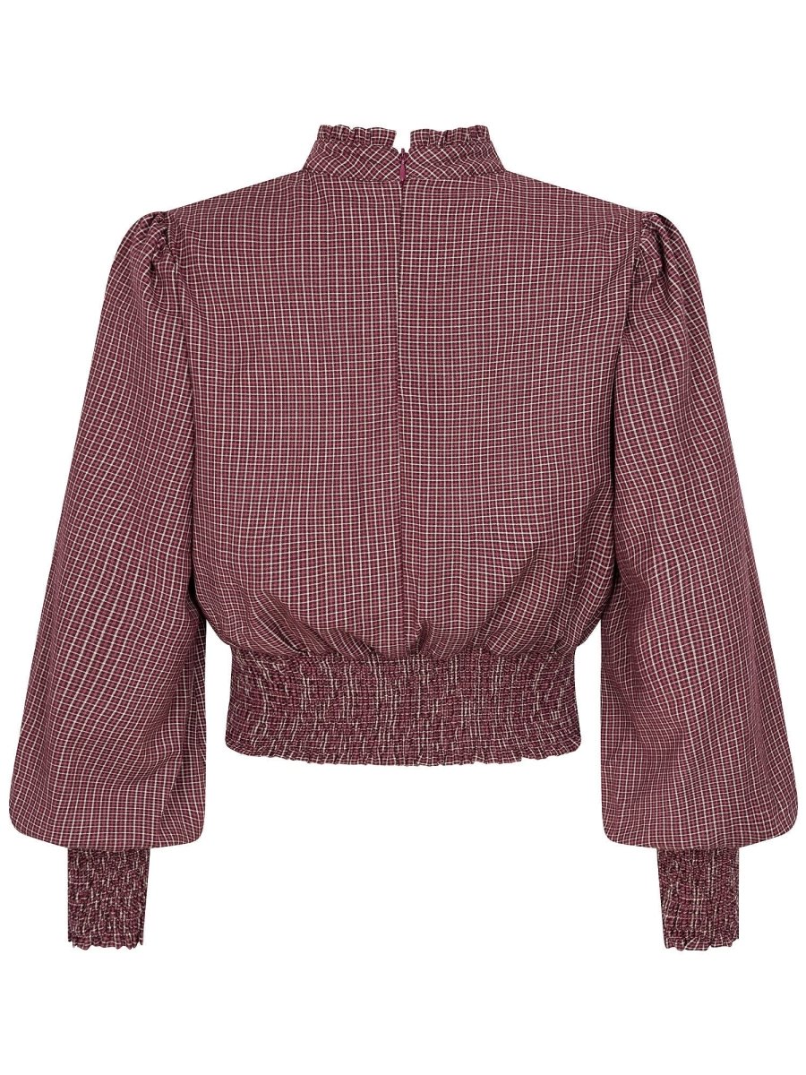 Geruite smock top met pofmouwen Ydence Tessa in mauve – achterkant | Jo&Co Club