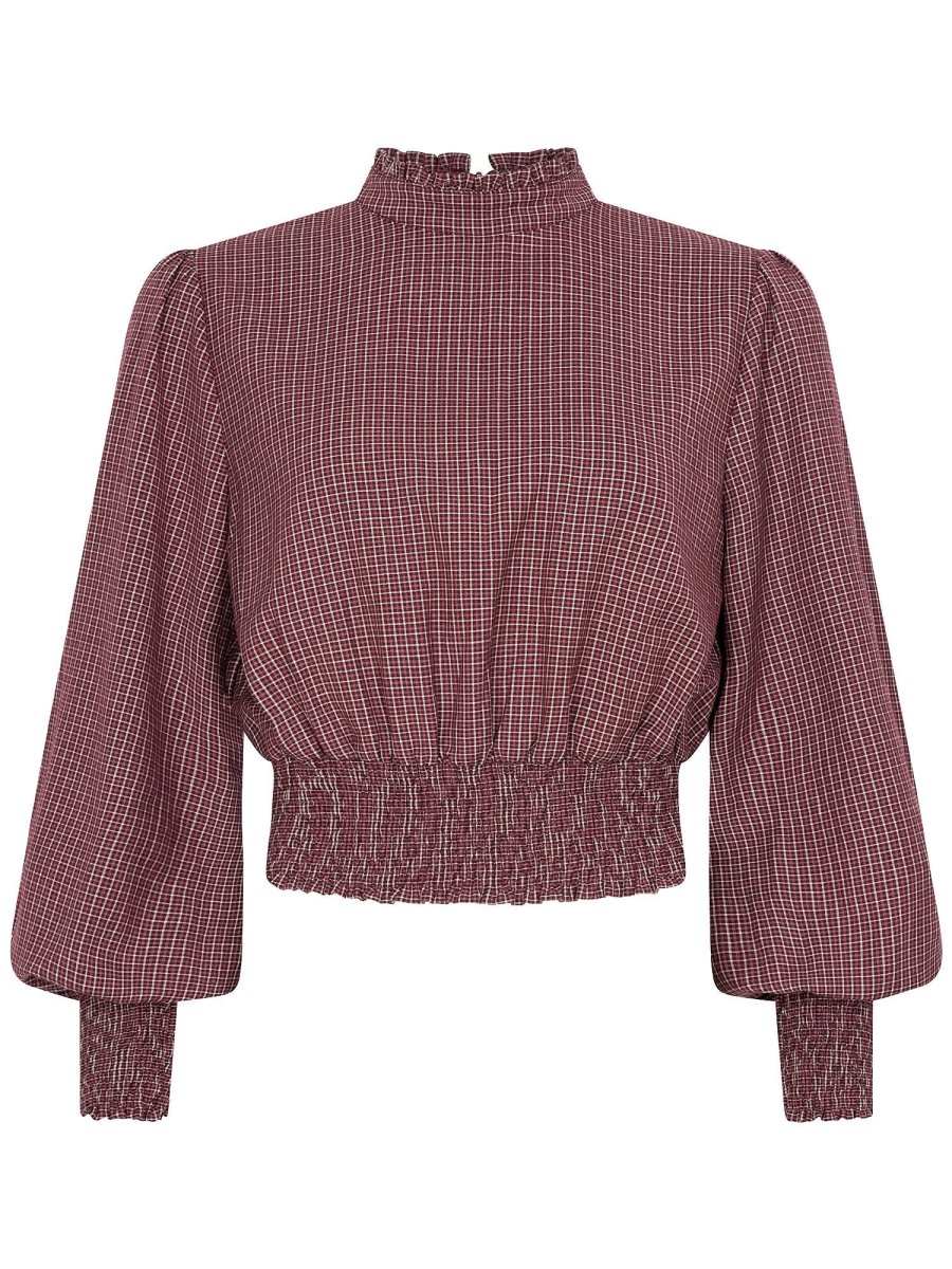 Geruite smock top met pofmouwen Ydence Tessa in mauve – voorkant | Jo&Co Club