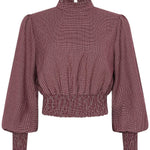 Geruite smock top met pofmouwen Ydence Tessa in mauve – voorkant | Jo&Co Club