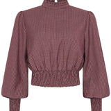 Geruite smock top met pofmouwen Ydence Tessa in mauve – voorkant | Jo&Co Club