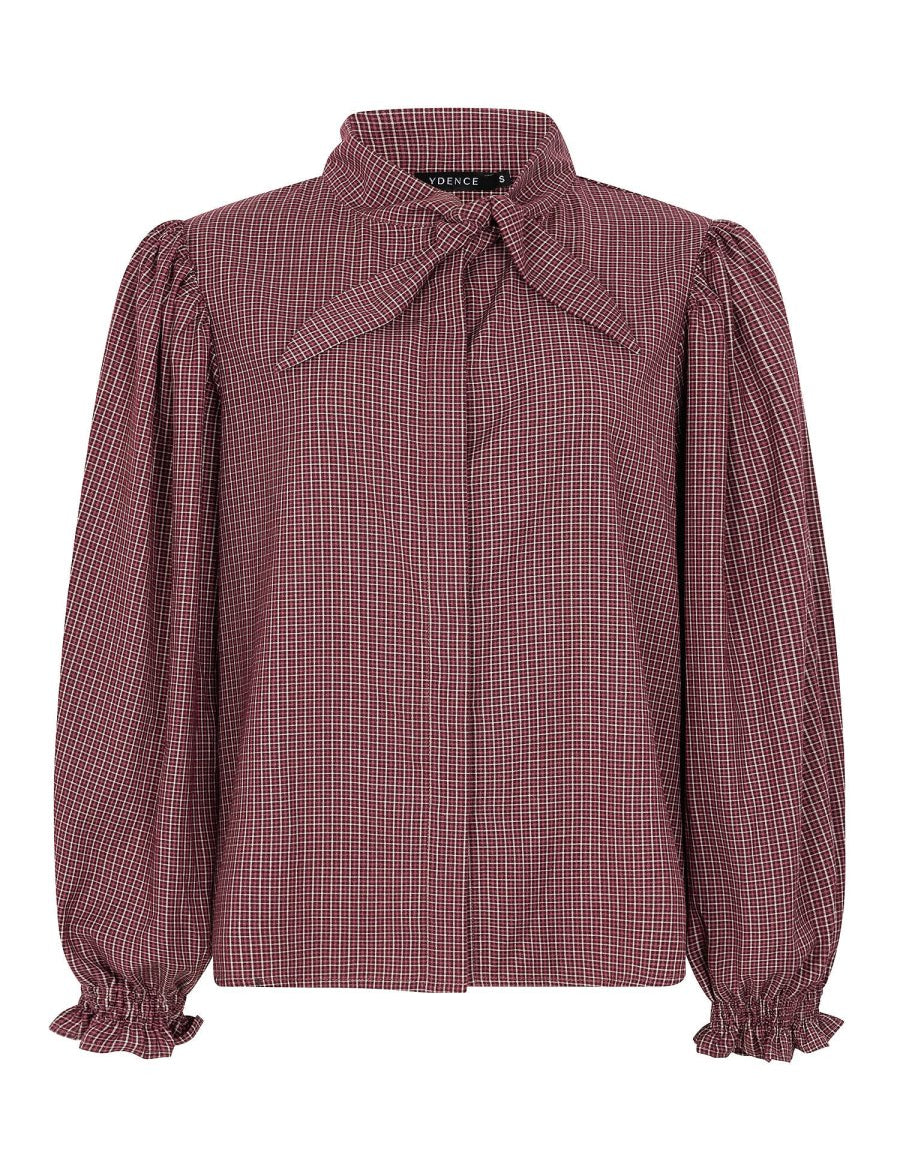 Geruite blouse met strik Ydence Amena in mauve – voorkant | Jo&Co Club