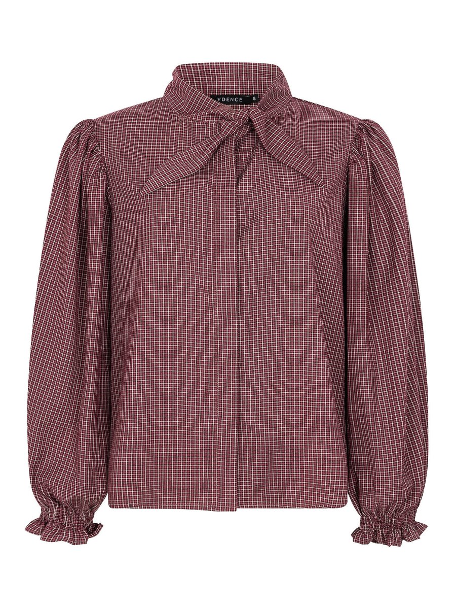 Geruite blouse met strik Ydence Amena in mauve – voorkant | Jo&Co Club