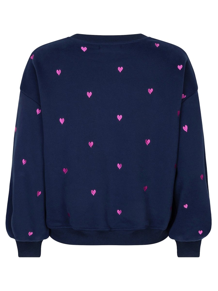 productfoto ydence sweater hearts navy/blauw met roze hartjes achterkant.