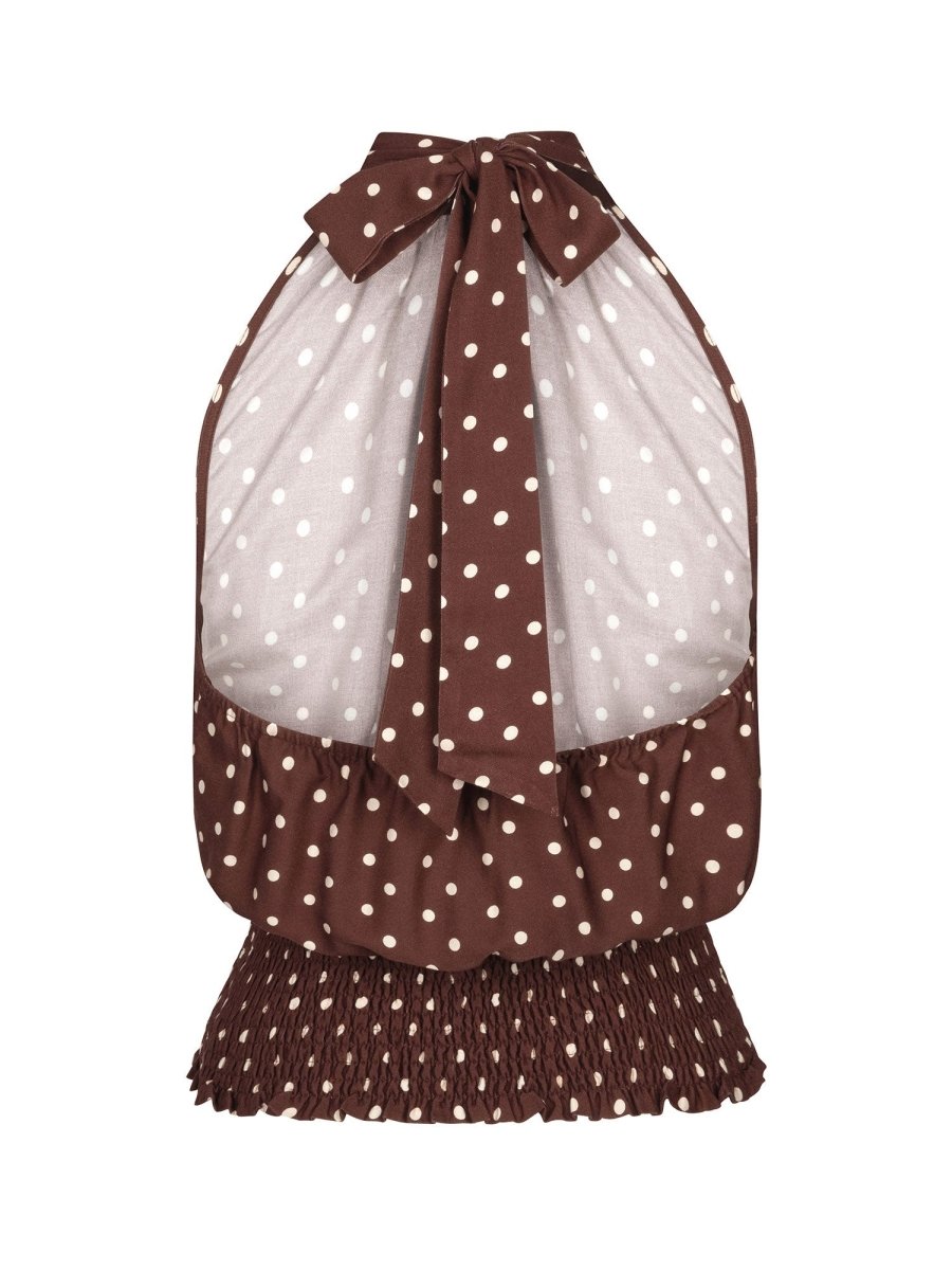 Dit is een productfoto van de achterkant van een bruine top met witte polkadots | Ydence Jamie | Jo&Co Club