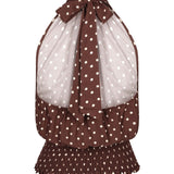 Dit is een productfoto van de achterkant van een bruine top met witte polkadots | Ydence Jamie | Jo&Co Club