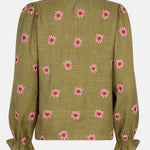 Productfoto van de achterkant van de ydence philou blouse in groene kleur met bloemen borduursel.